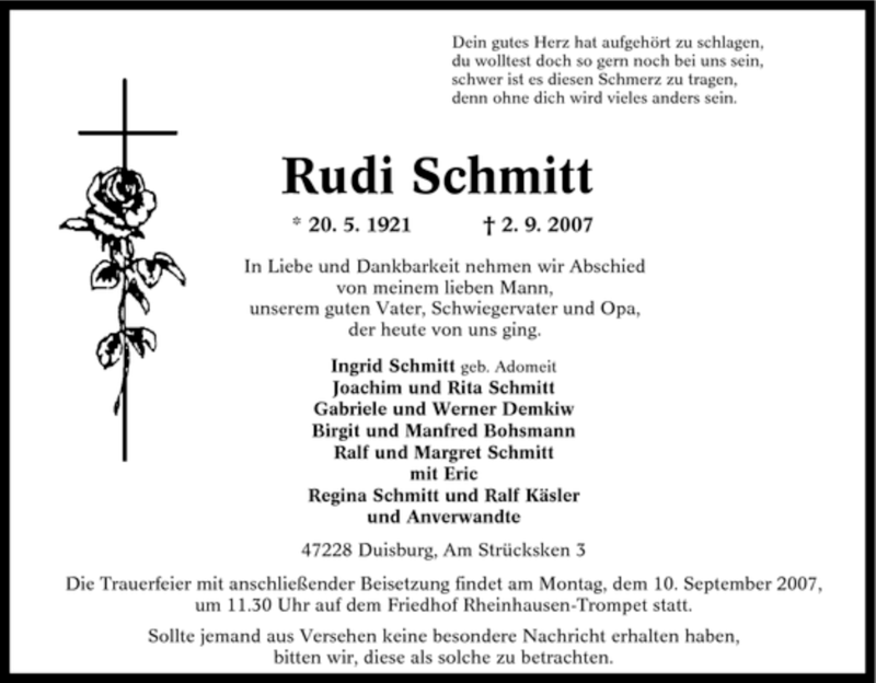 Traueranzeigen von Rudi Schmitt TrauerinNRW.de