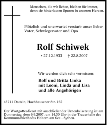 Traueranzeige von Rolf Schiwek von Tageszeitung