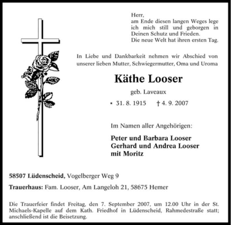  Traueranzeige für Käthe Looser vom 05.09.2007 aus Tageszeitung