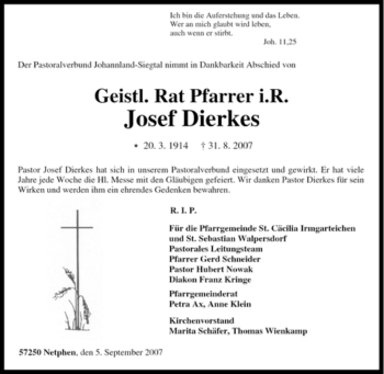 Traueranzeige von Josef Dierkes von Tageszeitung