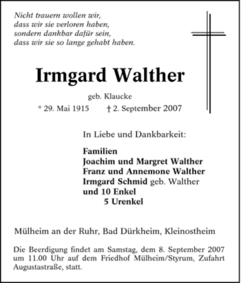 Traueranzeige von Irmgard Walther von Tageszeitung