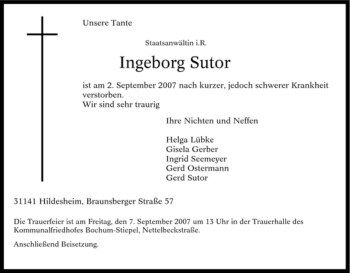 Traueranzeige von Ingeborg Sutor von Tageszeitung