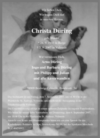 Traueranzeige von Christa Düring von Tageszeitung