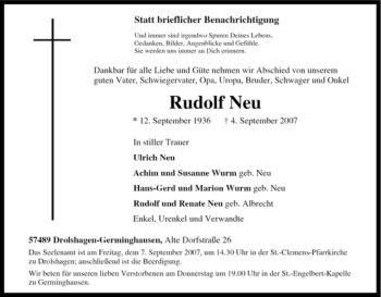 Traueranzeige von Rudolf Neu von Tageszeitung