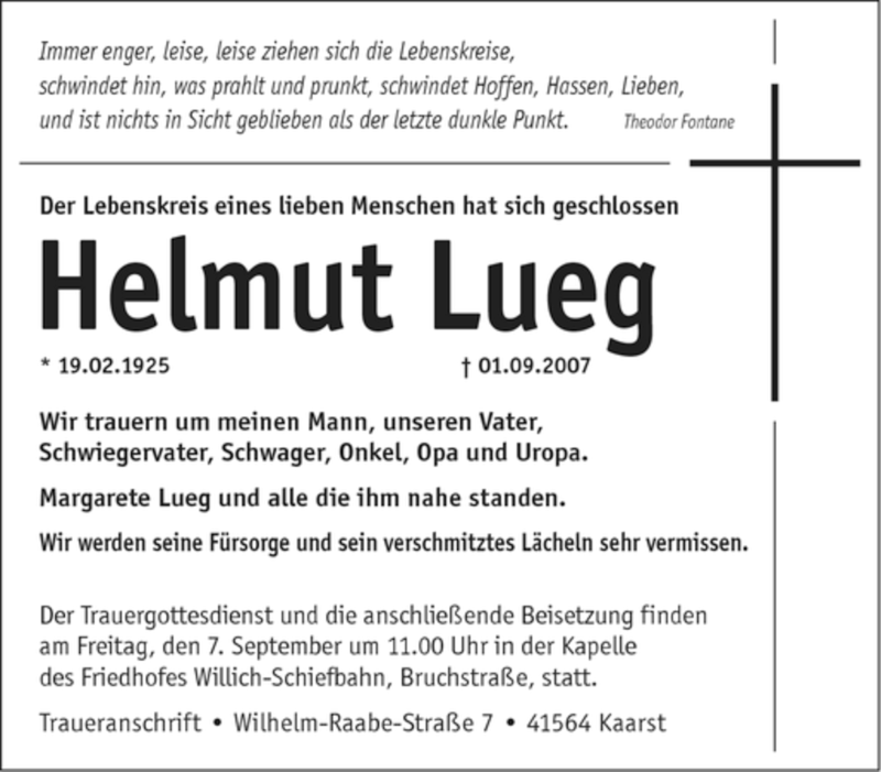  Traueranzeige für Helmut Lueg vom 05.09.2007 aus Tageszeitung