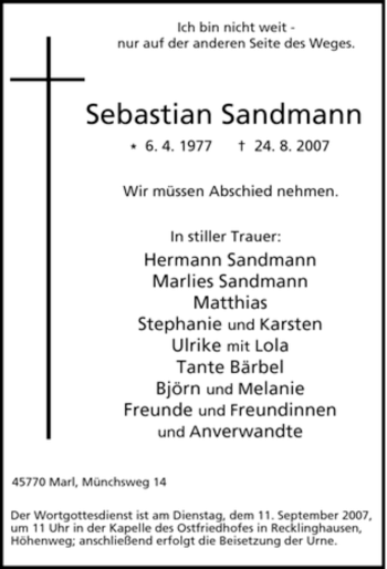 Traueranzeige von Sebastian Sandmann von Tageszeitung