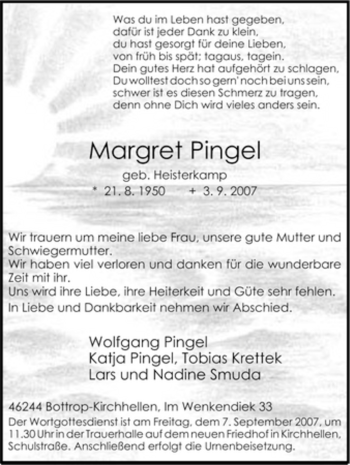 Traueranzeige von Margret Pingel von Tageszeitung