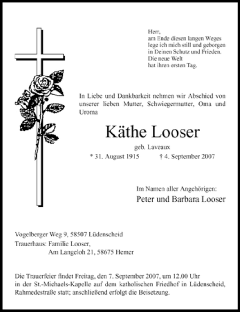  Traueranzeige für Käthe Looser vom 05.09.2007 aus Tageszeitung