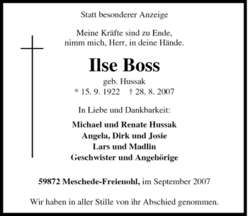 Traueranzeige von Ilse Boss von Tageszeitung