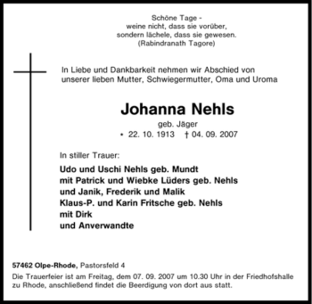 Traueranzeige von Johanna Nehls von Tageszeitung