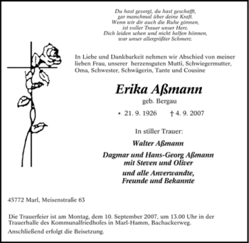 Traueranzeige von Erika Aßmann von Tageszeitung