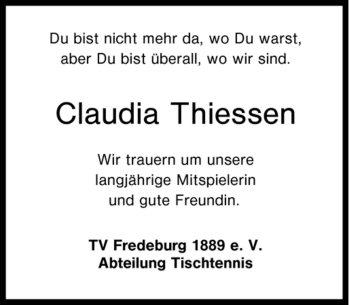 Traueranzeige von Claudia Thiessen von Tageszeitung