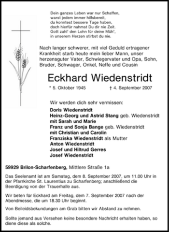 Traueranzeige von Eckhard Wiedenstridt von Tageszeitung