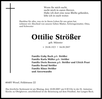 Traueranzeige von Ottilie Strößer von Tageszeitung