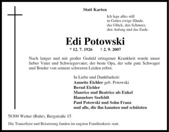 Traueranzeige von Edi Potowski von Tageszeitung