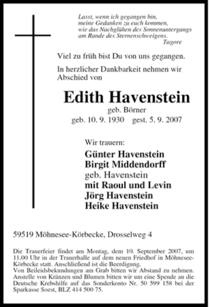  Traueranzeige für Edith Havenstein vom 06.09.2007 aus Tageszeitung