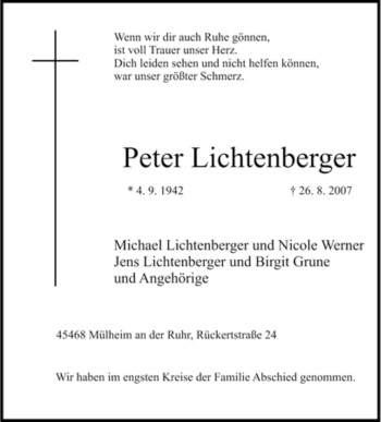 Traueranzeige von Peter Lichtenberger von Tageszeitung