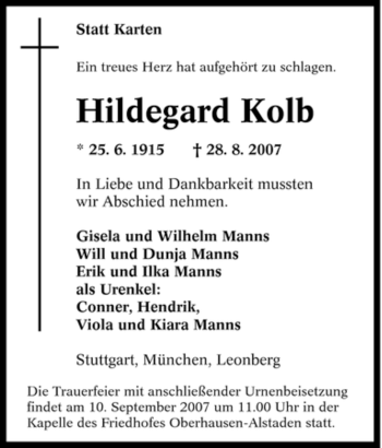 Traueranzeige von Hildegard Kolb von Tageszeitung