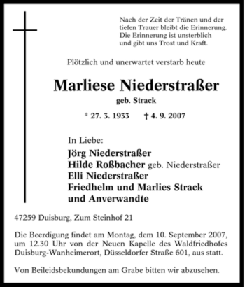 Traueranzeige von Marliese Niederstraßer von Tageszeitung