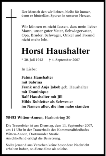 Traueranzeige von Horst Haushalter von Tageszeitung