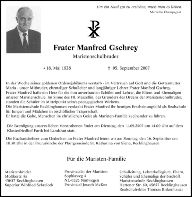  Traueranzeige für Frater Manfred Gschrey vom 07.09.2007 aus Tageszeitung