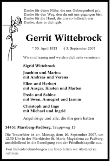Traueranzeige von Gerrit Wittebrock von Tageszeitung