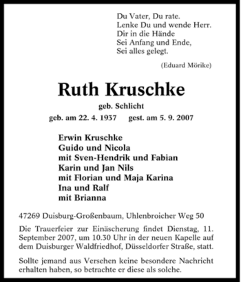 Traueranzeige von Ruth Kruschke von Tageszeitung