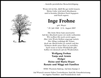 Traueranzeige von Inge Frohne von Tageszeitung