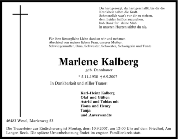 Traueranzeige von Marlene Kalberg von Tageszeitung