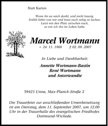 Traueranzeige von Marcel Wortmann von Tageszeitung