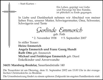 Traueranzeige von Gerlinde Emmerich von Tageszeitung