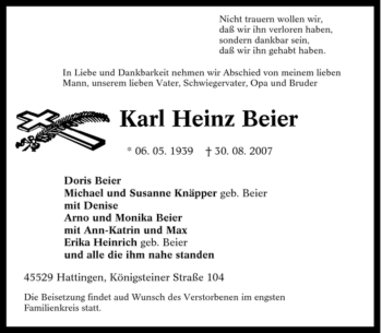 Traueranzeige von Karl Heinz Beier von Tageszeitung