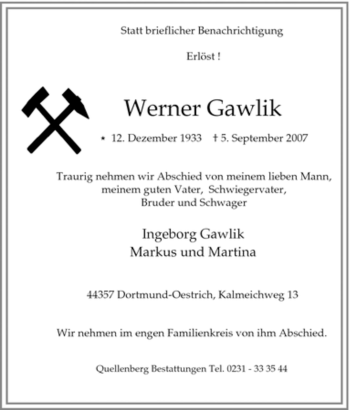 Traueranzeige von Werner Gawlik von Tageszeitung