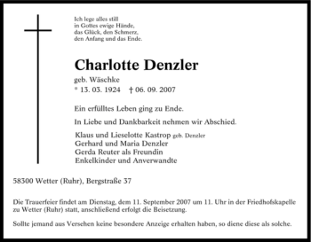 Traueranzeige von Charlotte Denzler von Tageszeitung