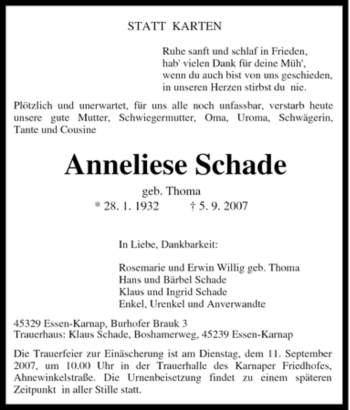 Traueranzeige von Anneliese Schade von Tageszeitung