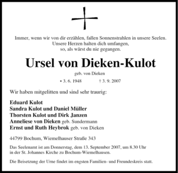 Traueranzeige von Ursel von Dieken-Kulot von Tageszeitung