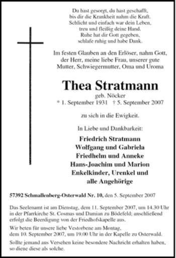 Traueranzeige von Thea Stratmann von Tageszeitung