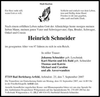 Traueranzeige von Heinrich Schneider von Tageszeitung