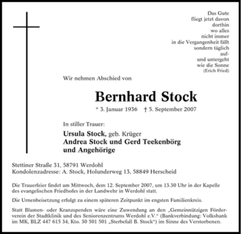Traueranzeige von Bernhard Stock von Tageszeitung