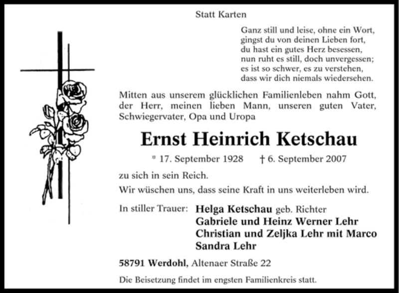  Traueranzeige für Ernst Heinrich Ketschau vom 08.09.2007 aus Tageszeitung