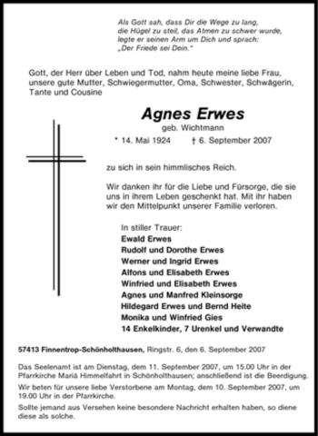 Traueranzeige von Agnes Erwes von Tageszeitung