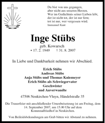 Traueranzeige von Inge Stübs von Tageszeitung