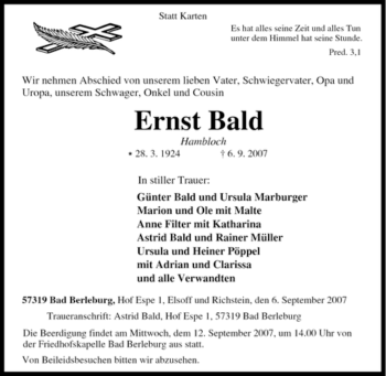 Traueranzeige von Ernst Bald von Tageszeitung