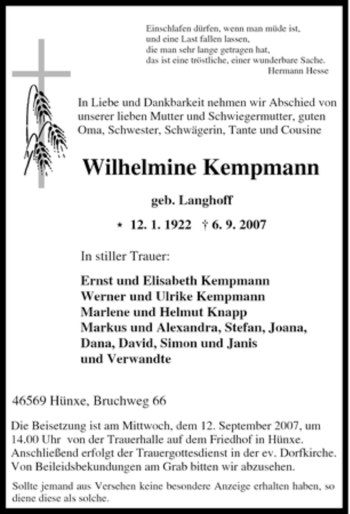 Traueranzeige von Wilhelmine Kempmann von Tageszeitung