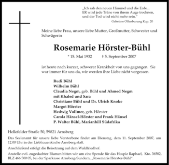 Traueranzeige von Rosemarie Hörster-Bühl von Tageszeitung