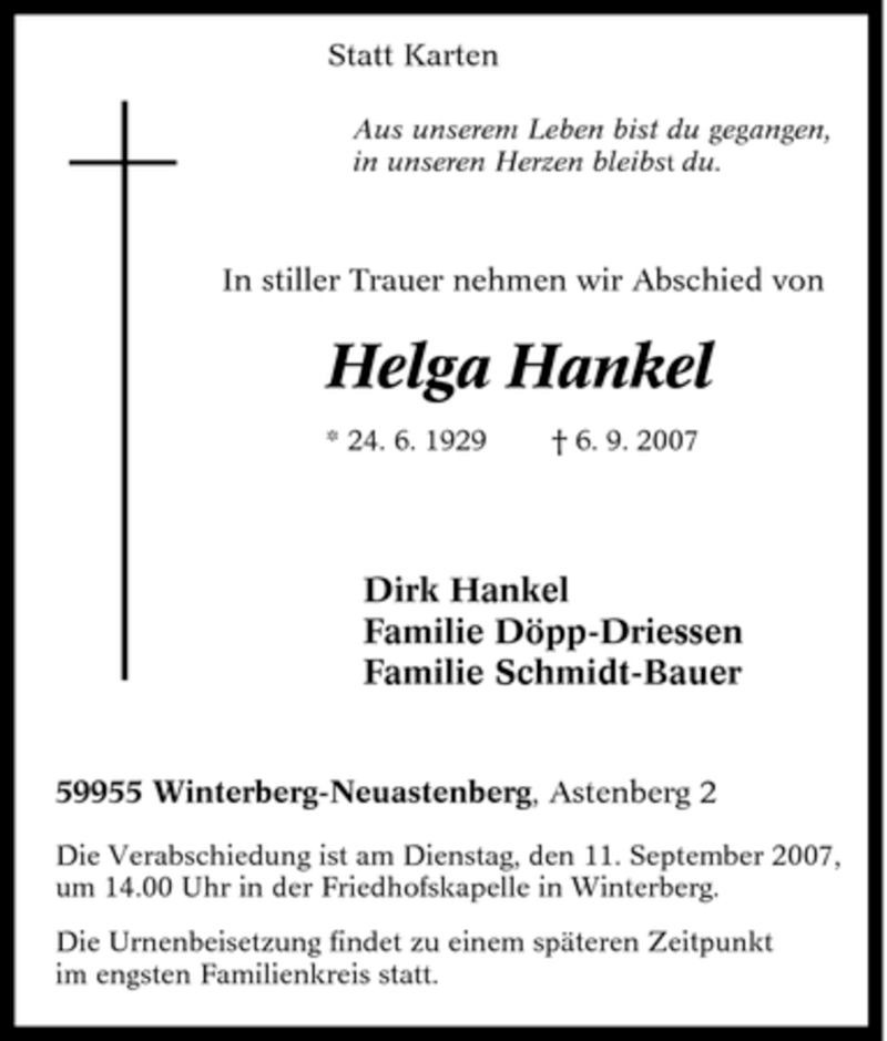  Traueranzeige für Helga Hankel vom 08.09.2007 aus Tageszeitung