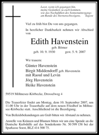 Traueranzeige von Edith Havenstein von Tageszeitung