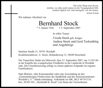 Traueranzeige von Bernhard Stock von Tageszeitung