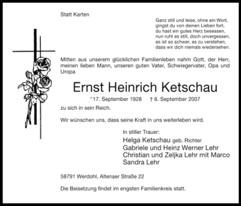 Traueranzeige von Ernst Heinrich Ketschau von Tageszeitung