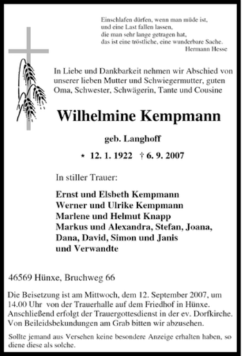 Traueranzeige von Wilhelmine Kempmann von Tageszeitung